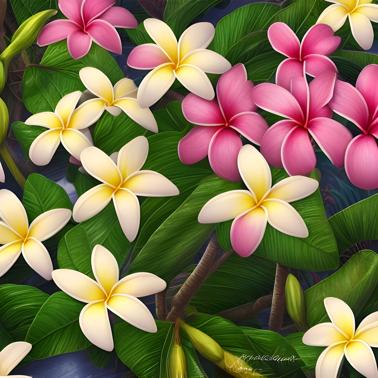 Exotic Plumeria Bouquet in Hyperrealistic Digital Painting