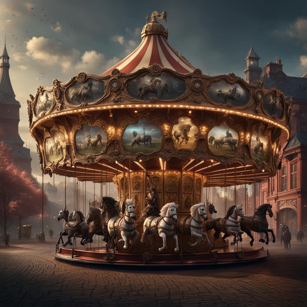 Victorian Steampunk Carousel with Horses in Urban Setting