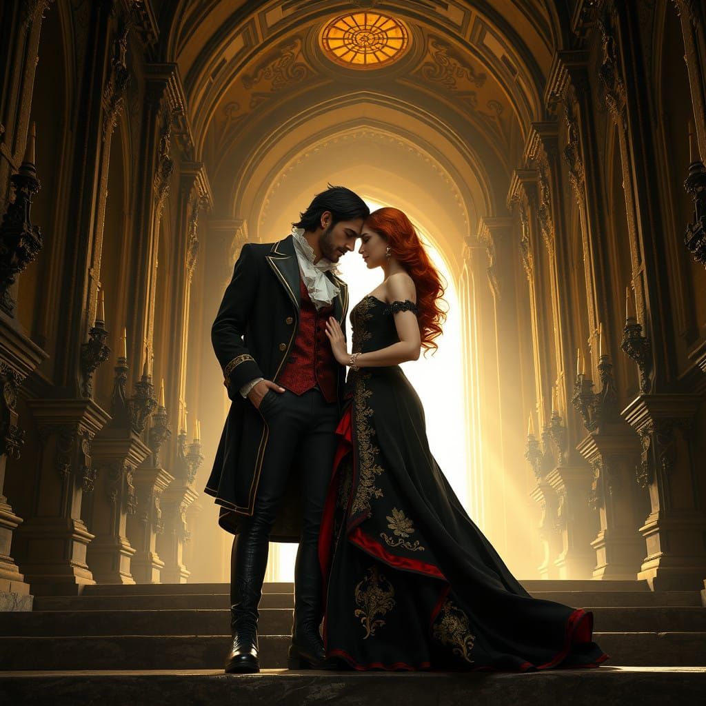 Ethereal Gothic Love Scene in a Dimly Lit Grand Hall