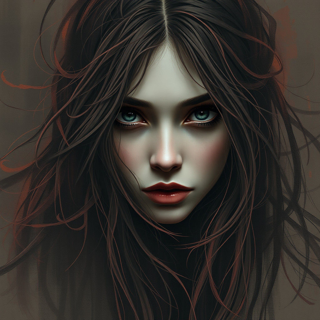 Pensive Woman with Expressive Eyes in Dreamy Art Style