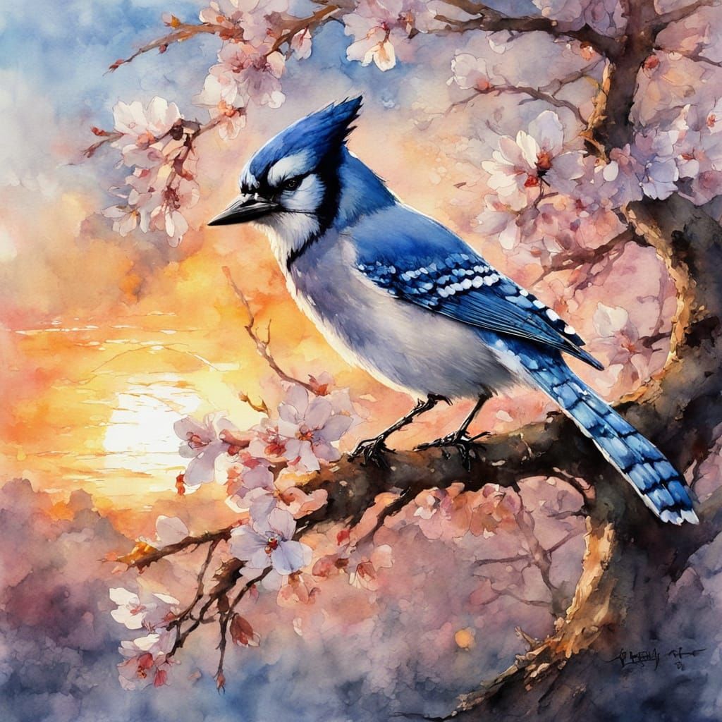 Blossom Tree Blue Jay Sunset Watercolour