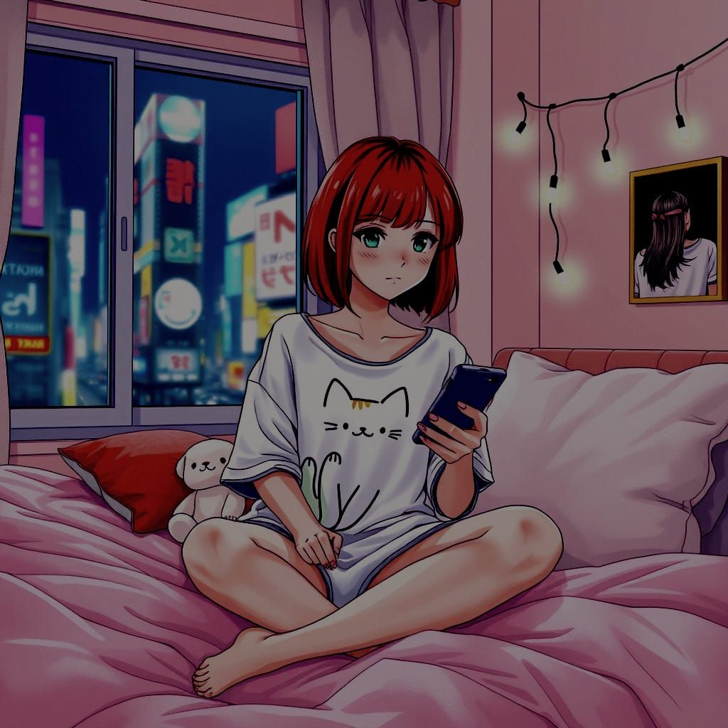 Japanese Woman in Bed at Night: Colored Pencil Drawing