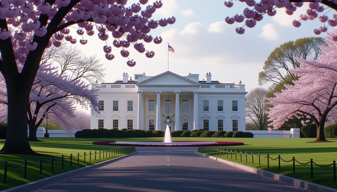 White House Cherry Blossoms in Cinematic Film Style