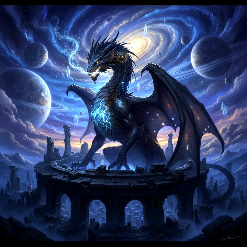 Ancient Dragon on Monument in Cosmic Landscape