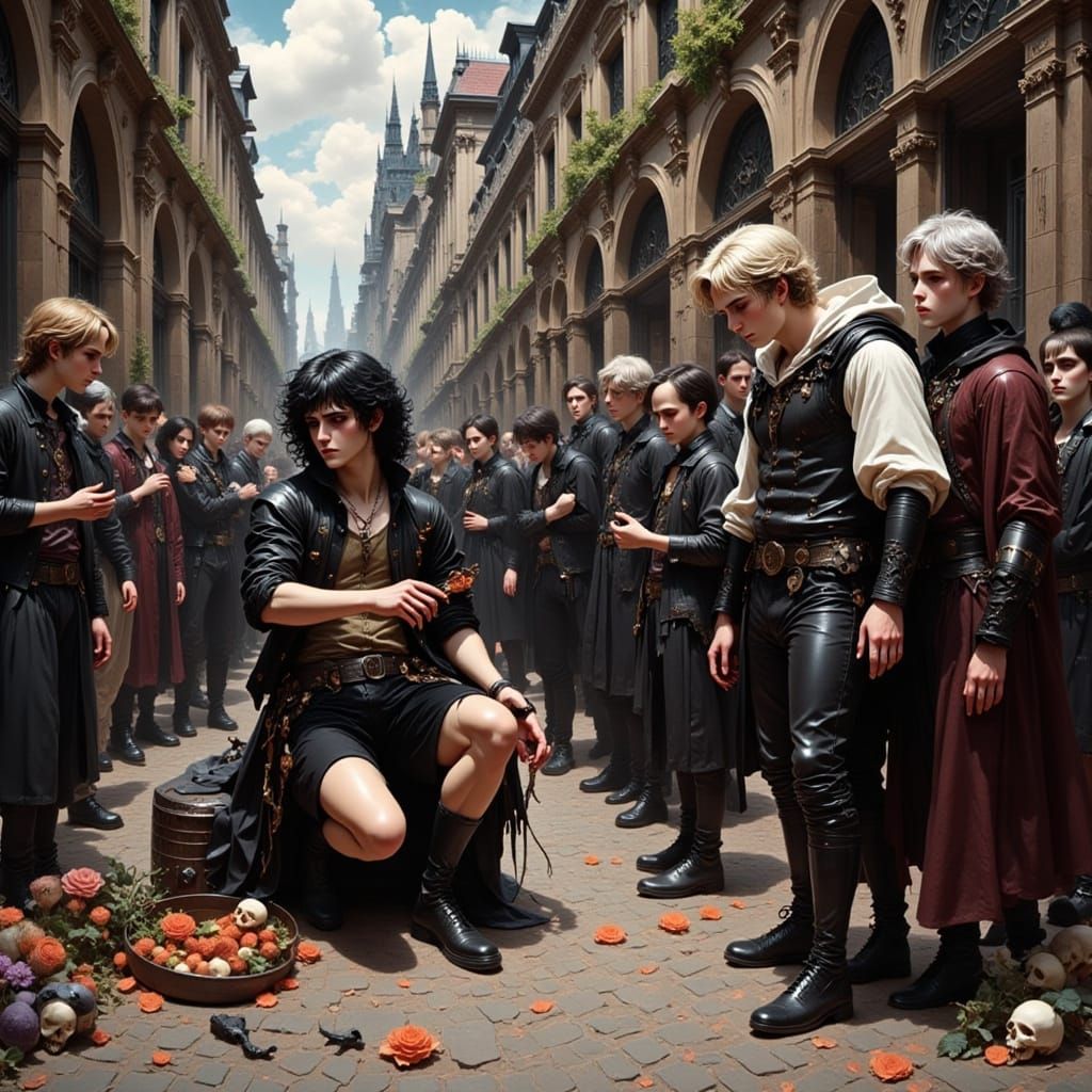 Impressionist Beggar on Cobblestone Street