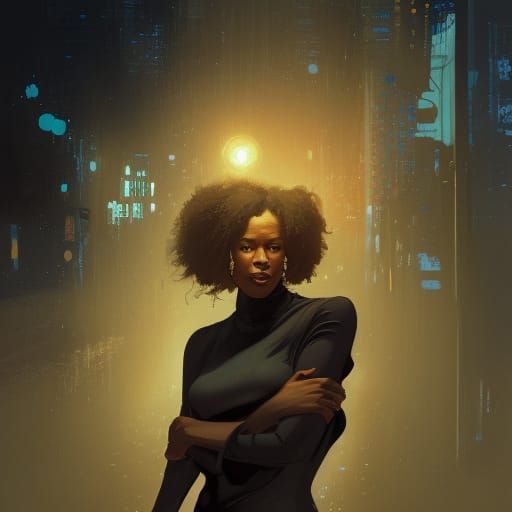 Black Woman Portrait in Cityscape with Volumetric Lighting