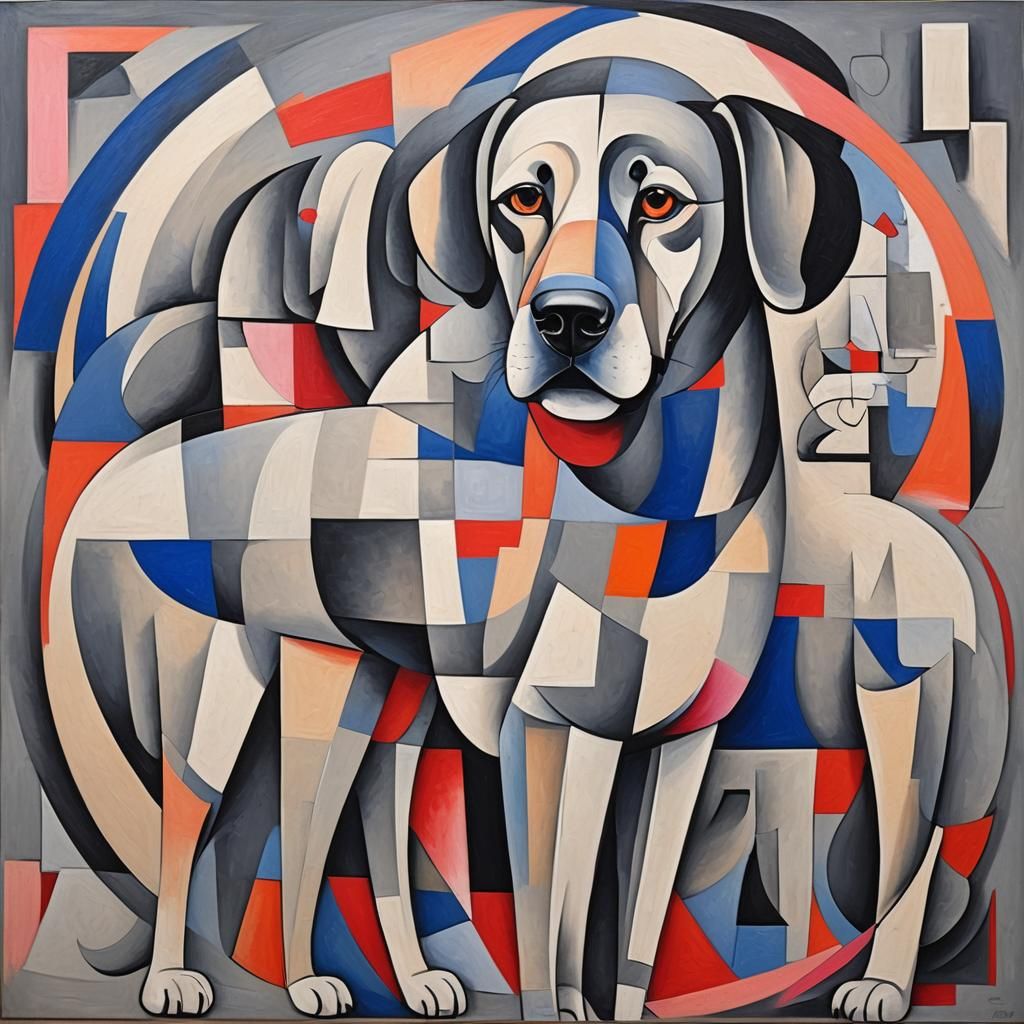 Abstract Acrylic Dog Painting with Geometric Shapes