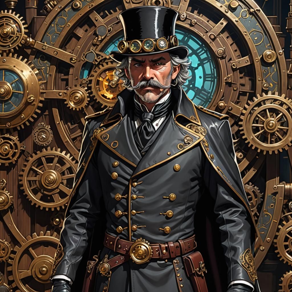 Anime comic book cartoon style steampunk villain Barnaby Jones with a handlebar mustache leather studded garments long d...