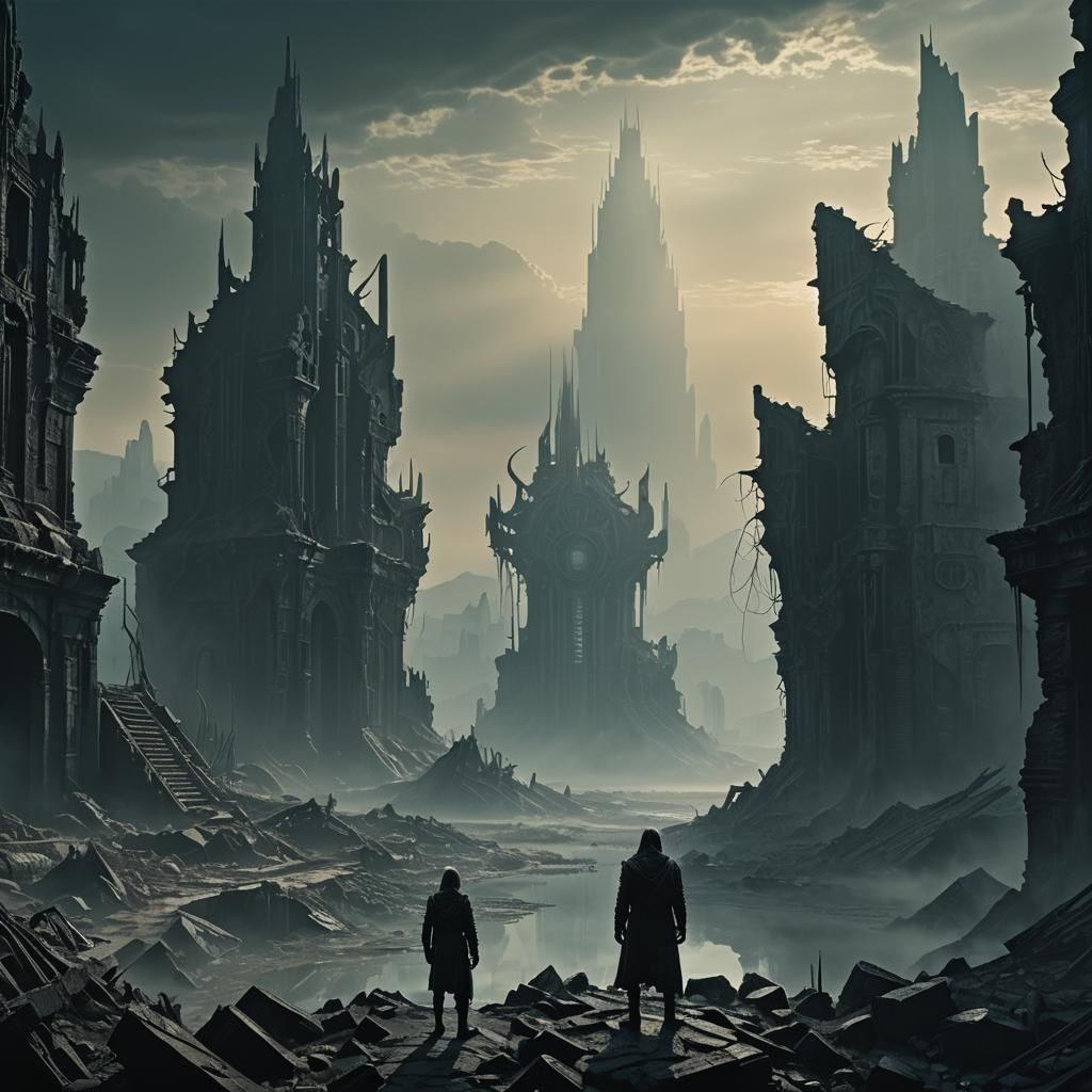 Ruined City Panorama in Moody, Hyperrealistic Style