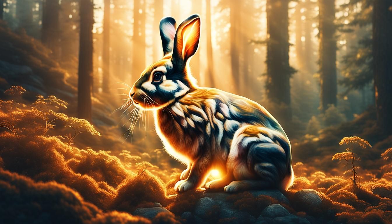 Majestic Bunny in Mountain Forest Double Exposure