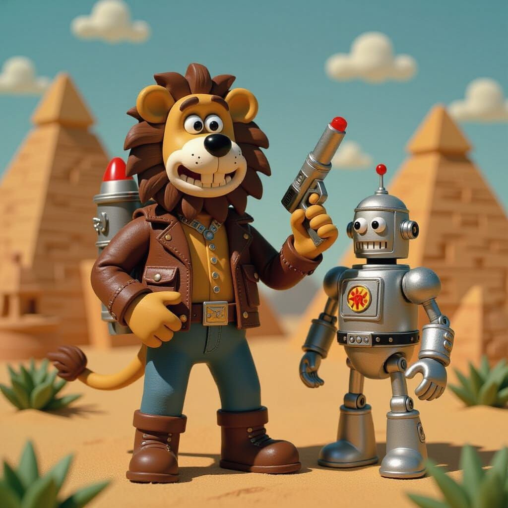 Claymation Lion Sci-Fi Ranger Adventurer with Robot