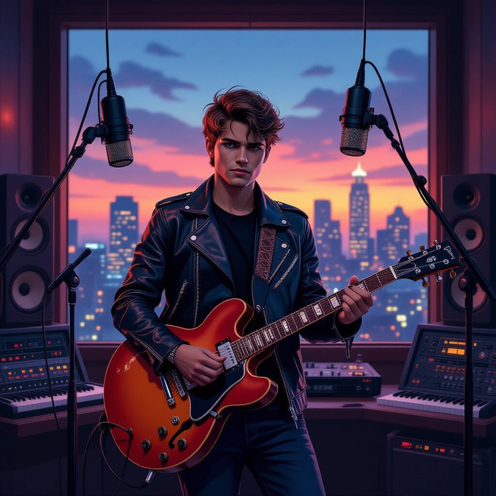 Musician in Cyberpunk Recording Studio at Dusk