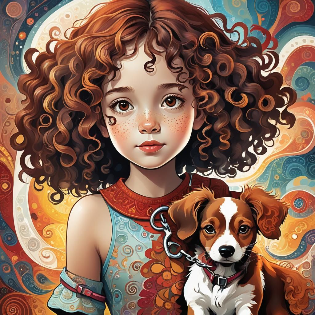 Girl with Dog in Art Nouveau Style