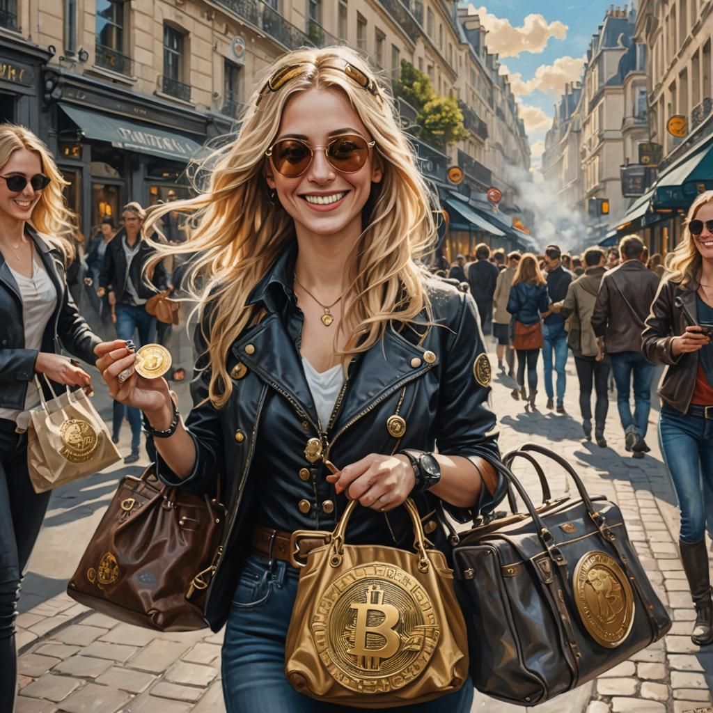 Paris Street Scene with Woman Holding Bitcoin