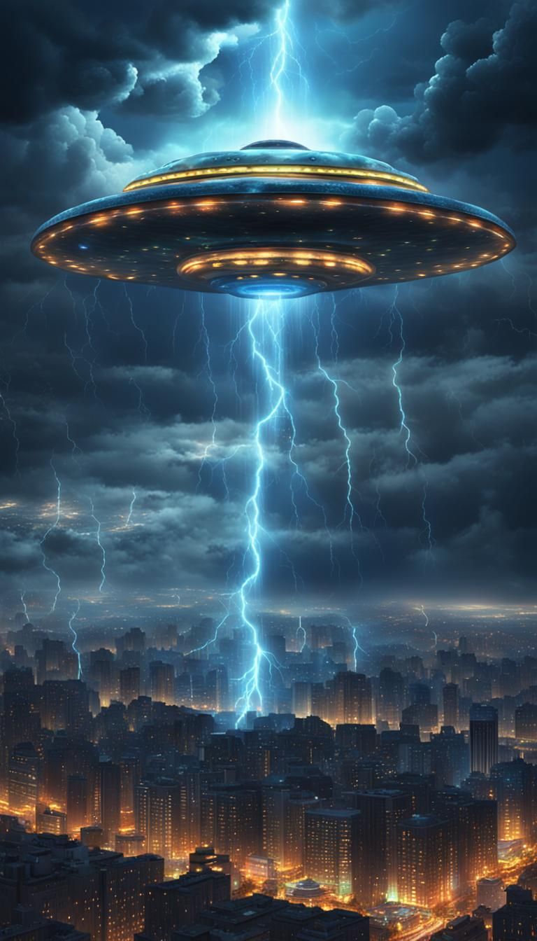 UFO Over Glowing City in Dark Fantasy Art