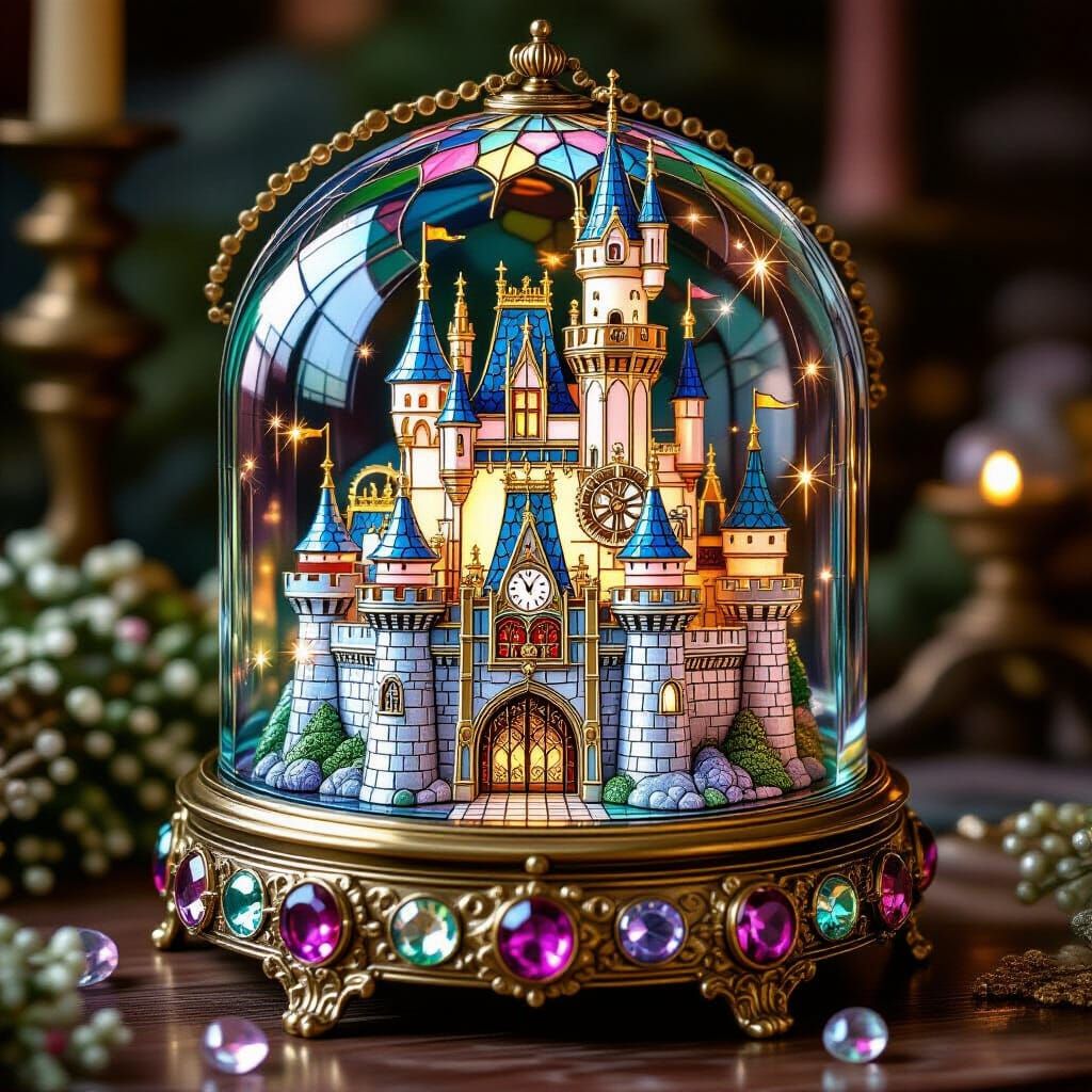 Stained Glass Castle in Music Box, Steampunk Style