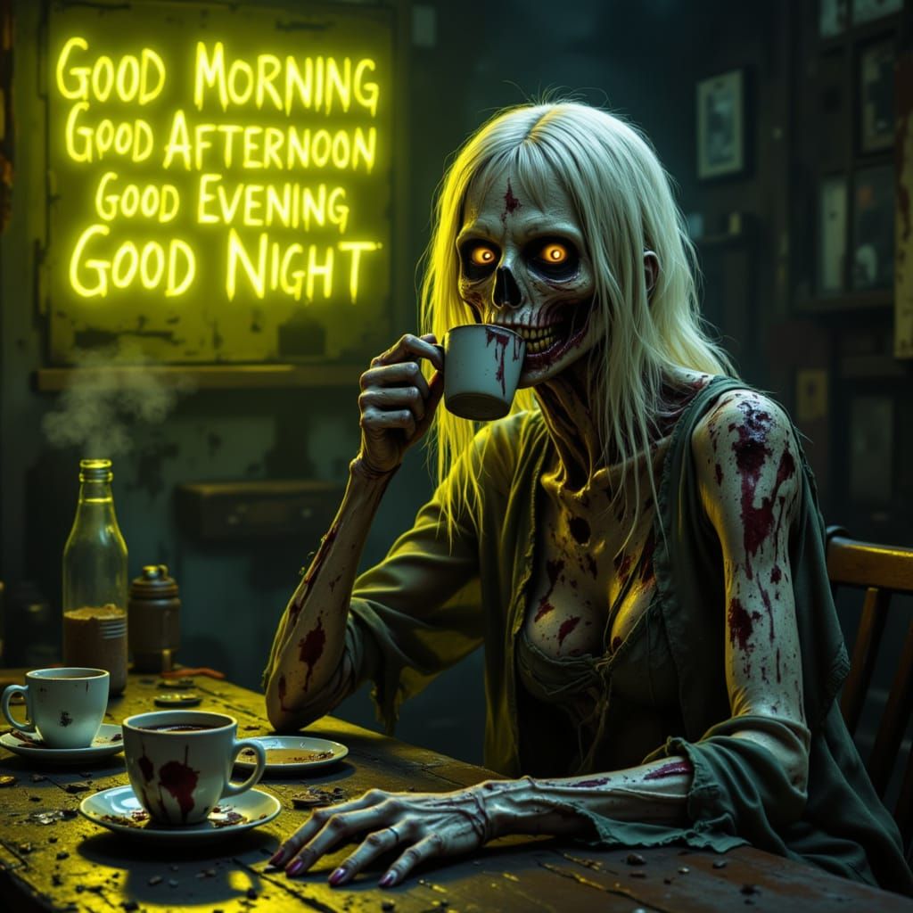 A gorgeous female zombie sitting at the breakfast table drin...