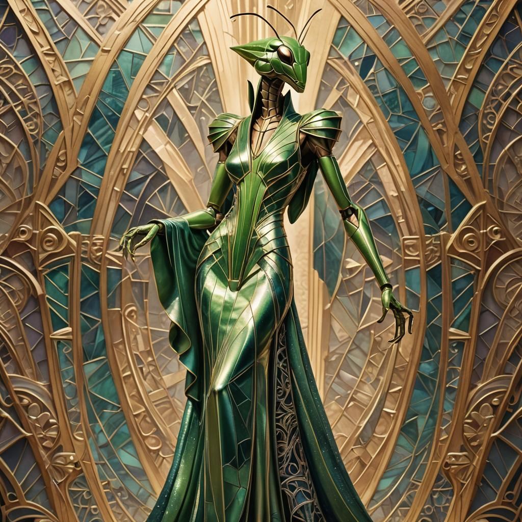 Art Deco Praying Mantis in Gown on Pedestal
