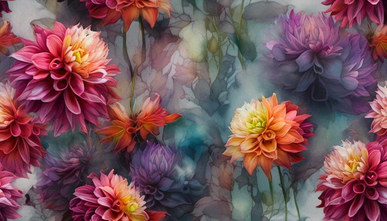Dahlia Field with Alcohol Ink Smoke Effect