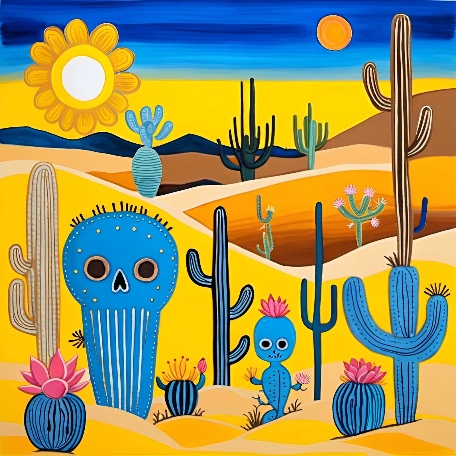 Desert Critter Skeletons Admire Sunset in Art Brut Style