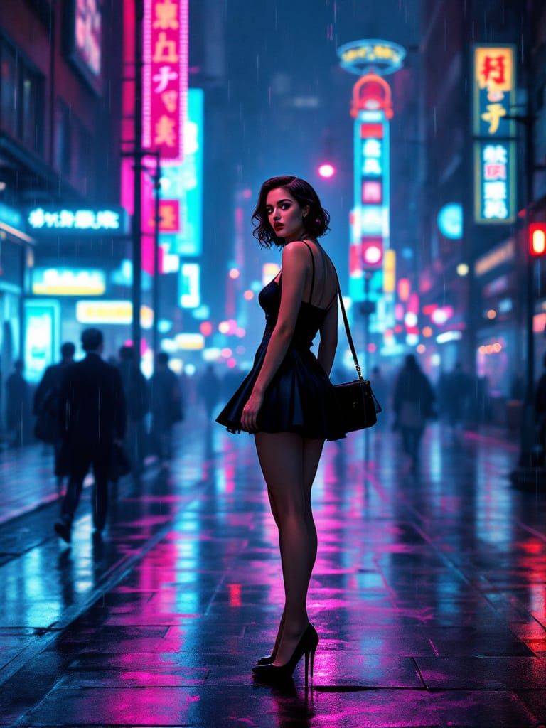 Cyberpunk Pin-Up Woman in Neon Cityscape