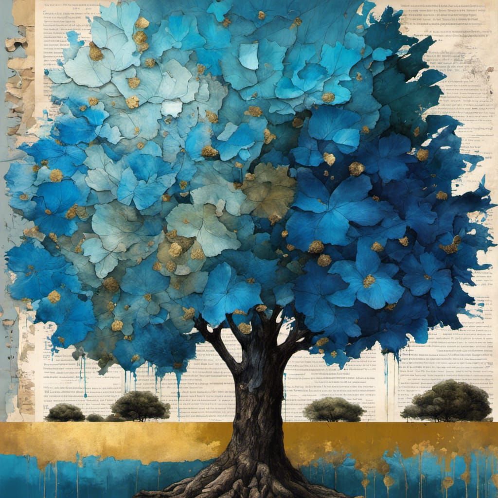 Blue Tree Collage with Gouache and Gold Foil