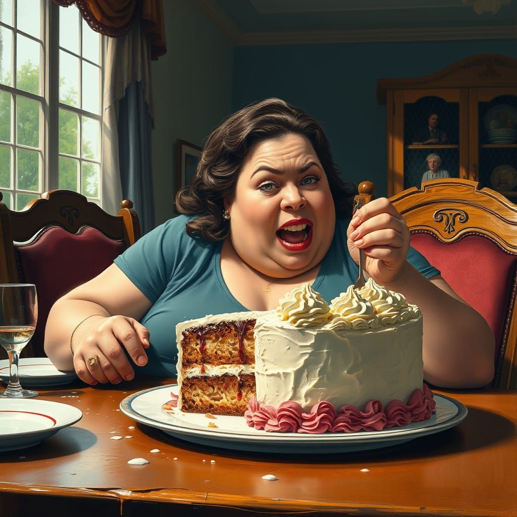 Greedy Woman Enjoys Cake in Realistic Oil Painting Style