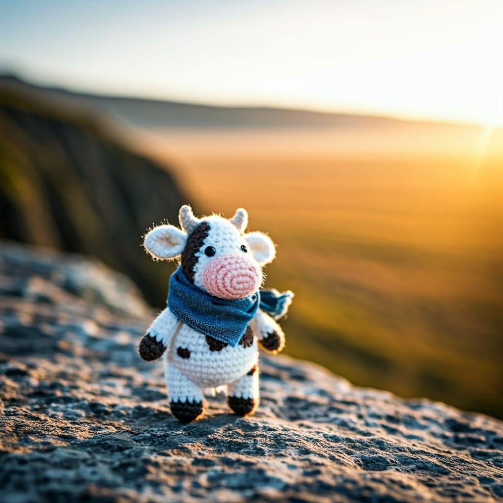 Knit Cow on Cliff Overlooking Savannah, Photorealistic Style
