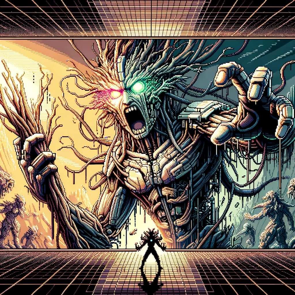 Furious Cyborg Tree in 8-bit Pixel Art