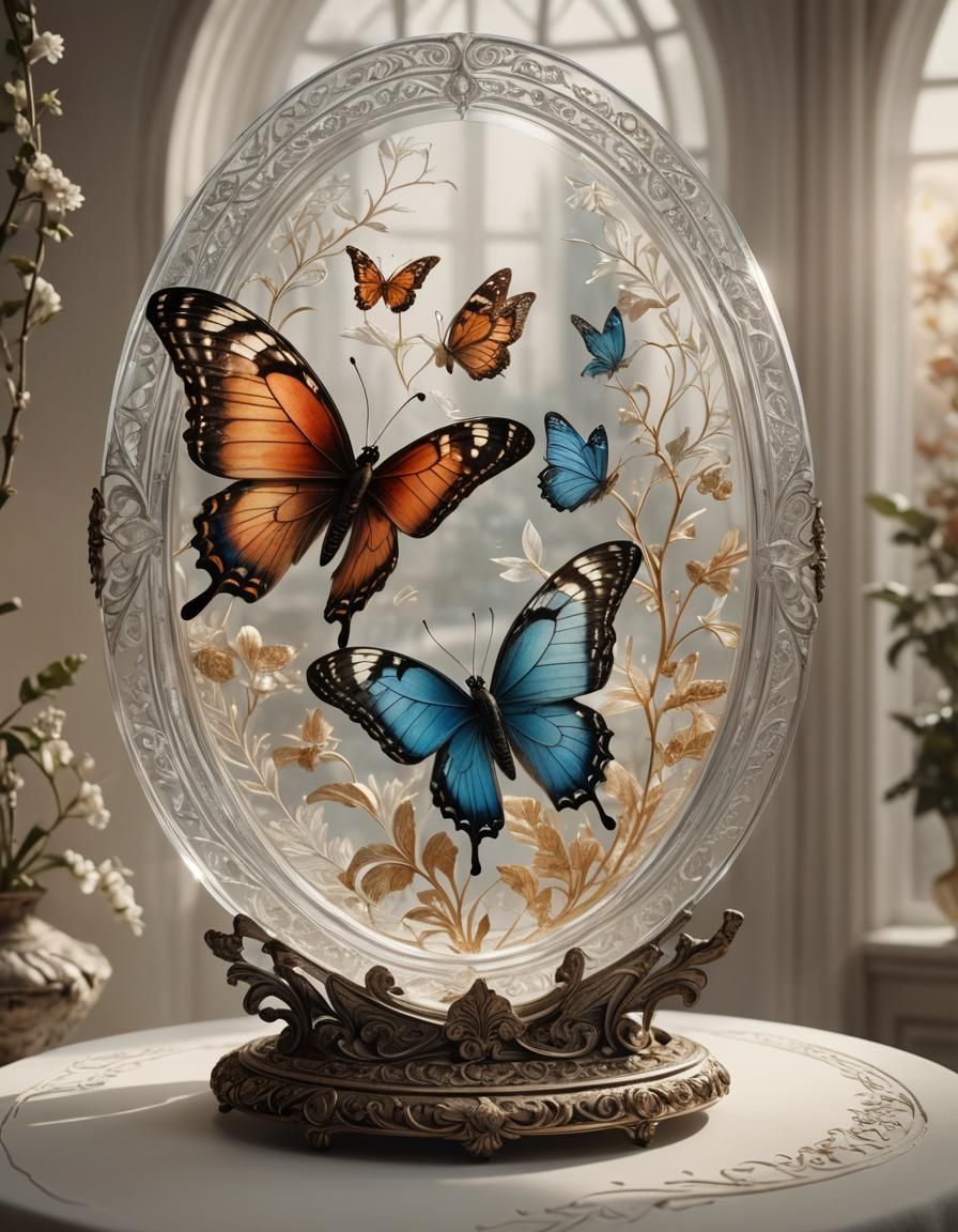 Ornate Butterfly in Oval Glass Display: Fantasy Realism