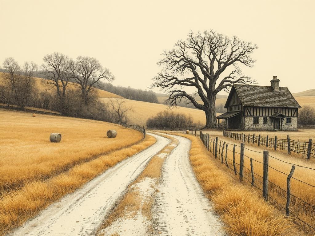 Nostalgic Farmhouse Landscape in Etching and Aquatint Style