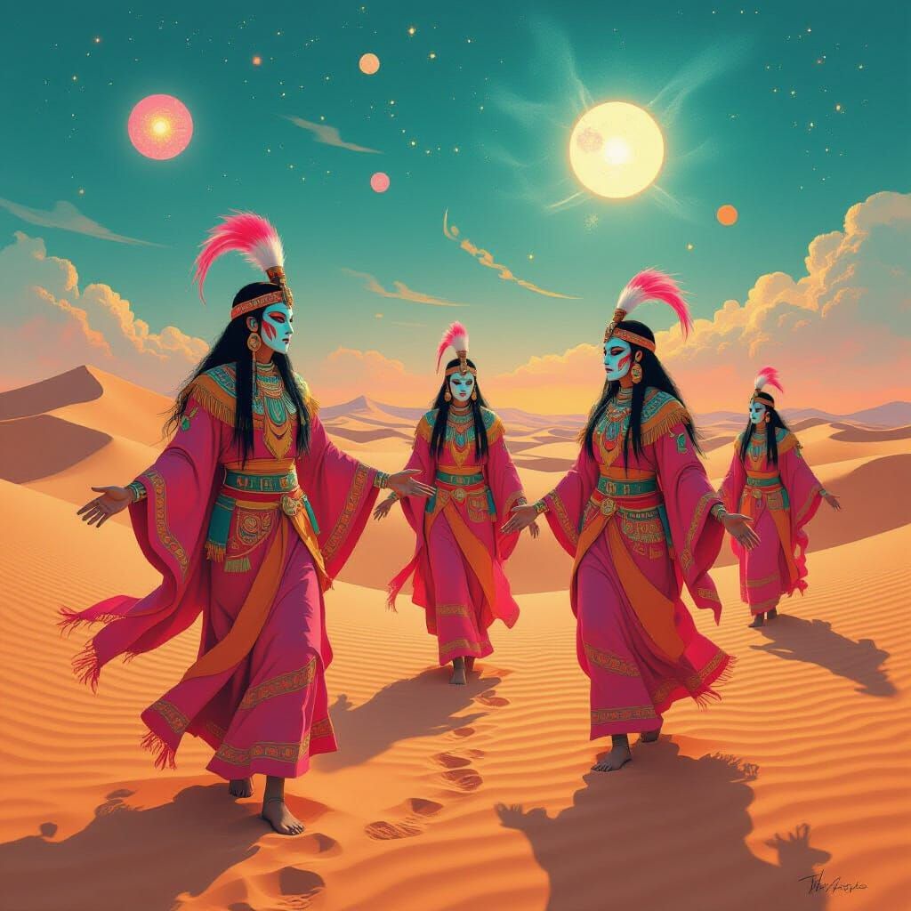 Mystical Shamans Dance in Pink Desert Twilight
