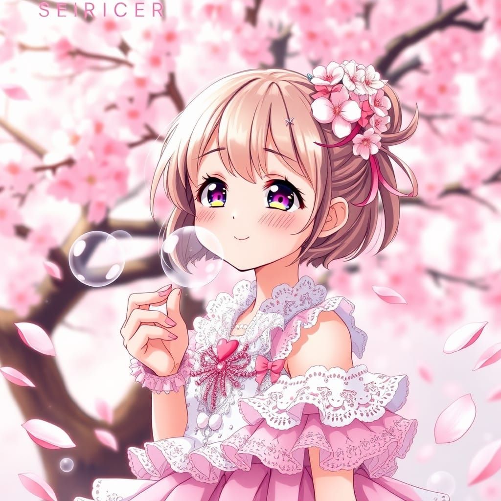 Anime Girl Blowing Bubbles with Cherry Blossoms