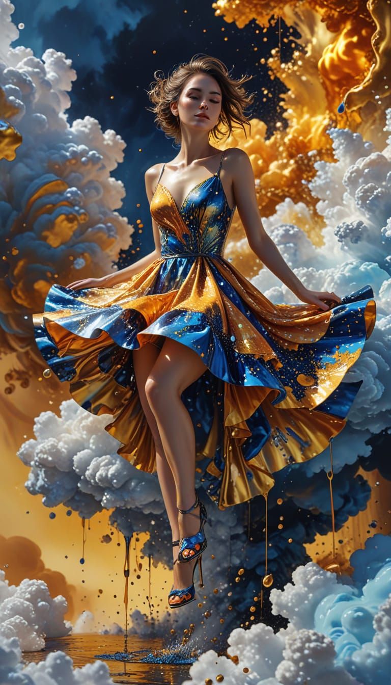 Young Woman on Cloud in Acrylic Pouring Style