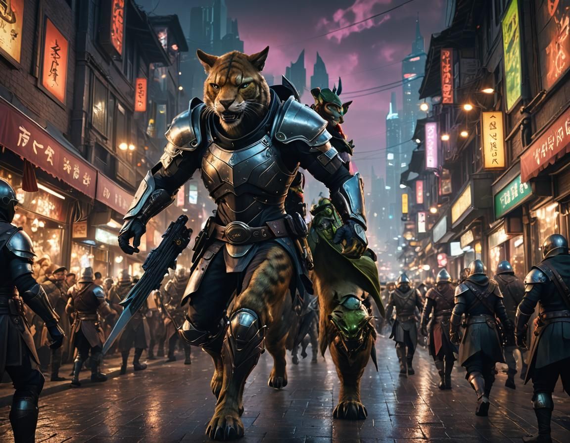 Cyberpunk Orcs Chase Thief in Fantasy Cityscape