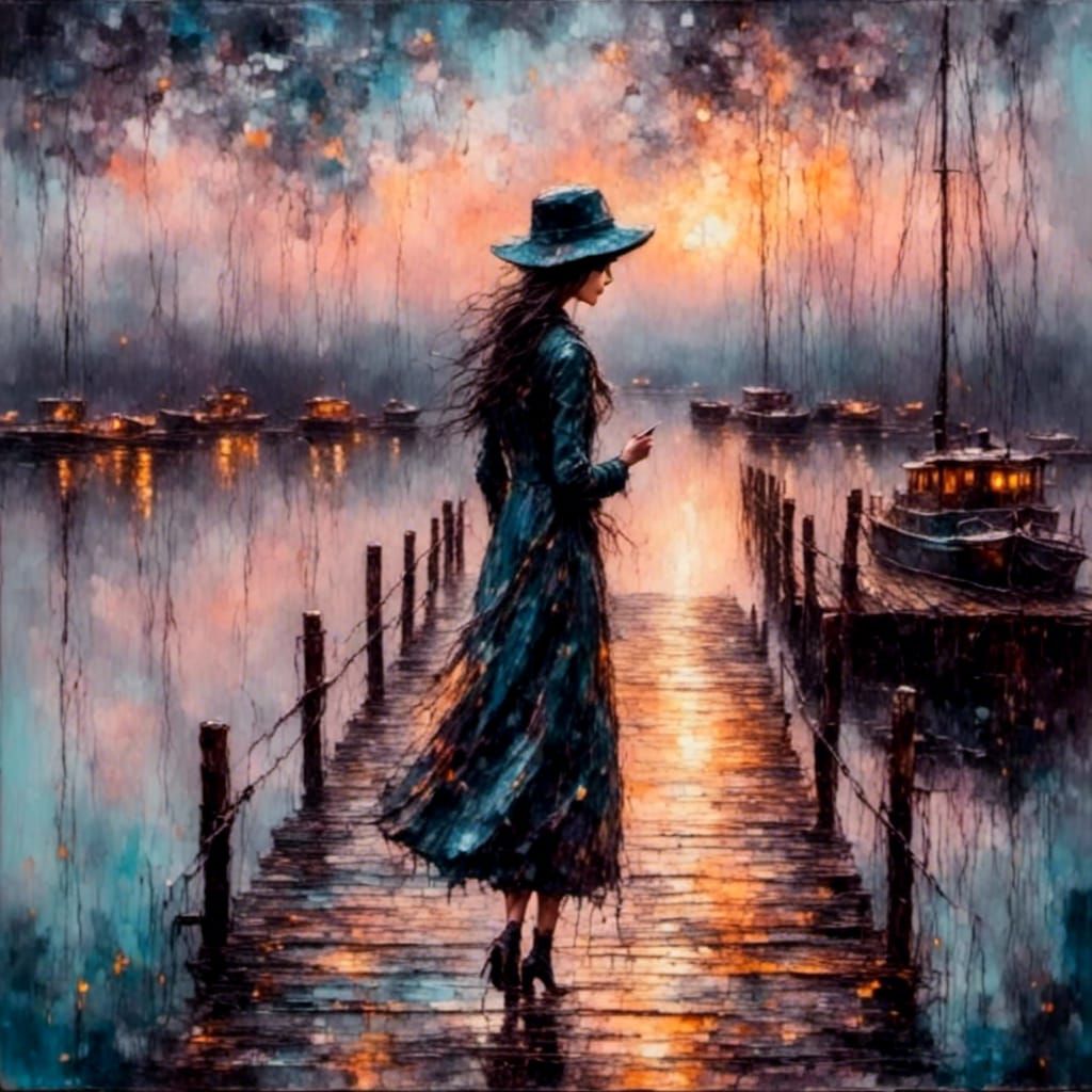 Impressionist Figure on Pier in Pastel Colors