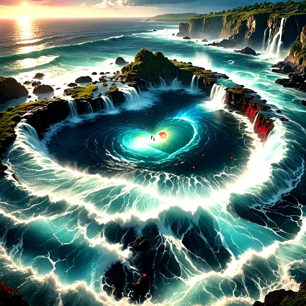 Surreal Ocean Village in Colorful Swirling Waves