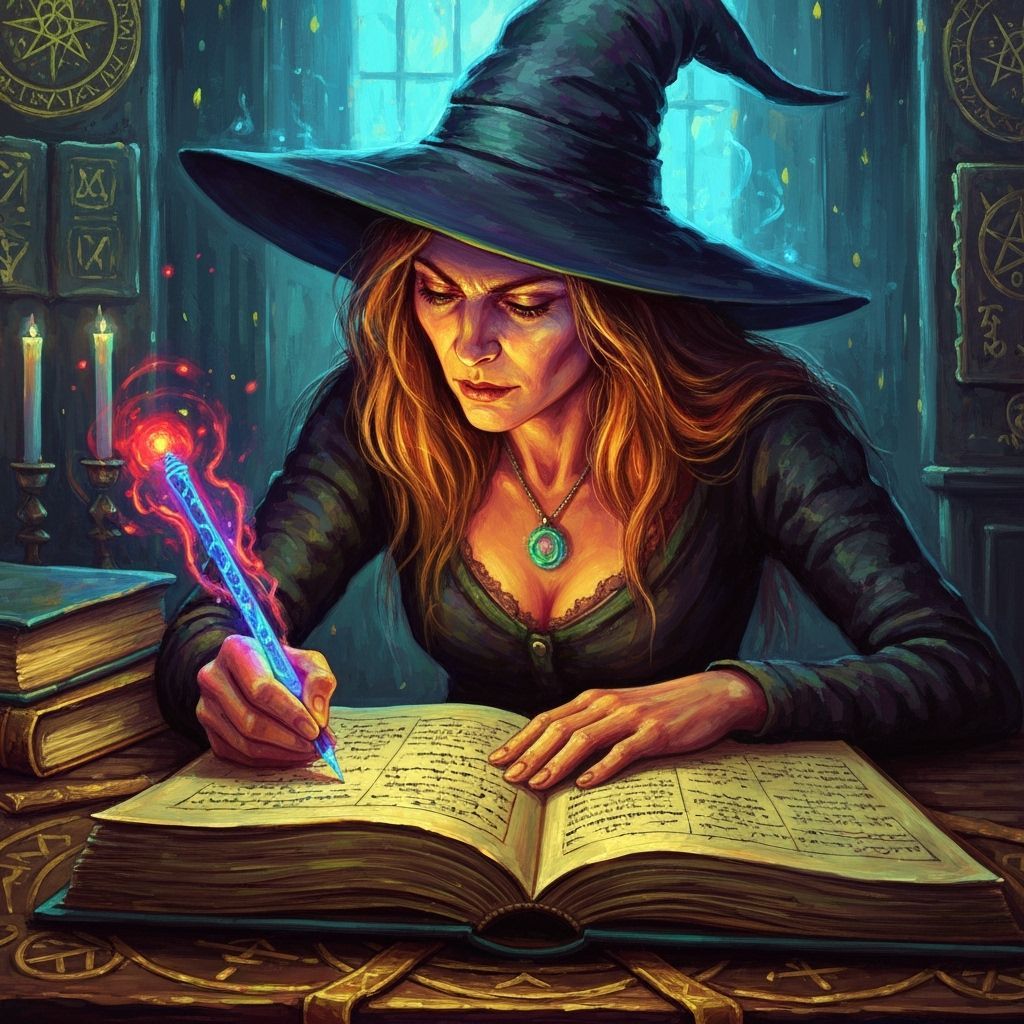Witch Writing Spell Book With Neon Pen In Dark Academia Styl...