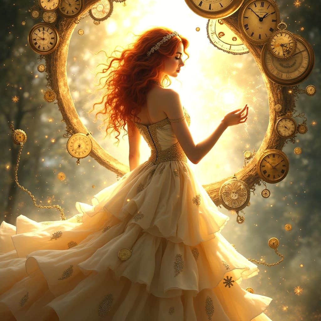 Ethereal Fantasy Sorceress with Red Hair and Clockwork Halo