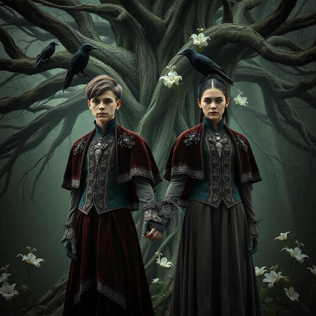 Gothic Twin Siblings Amidst Ancient, Mistletoe-Draped Tree