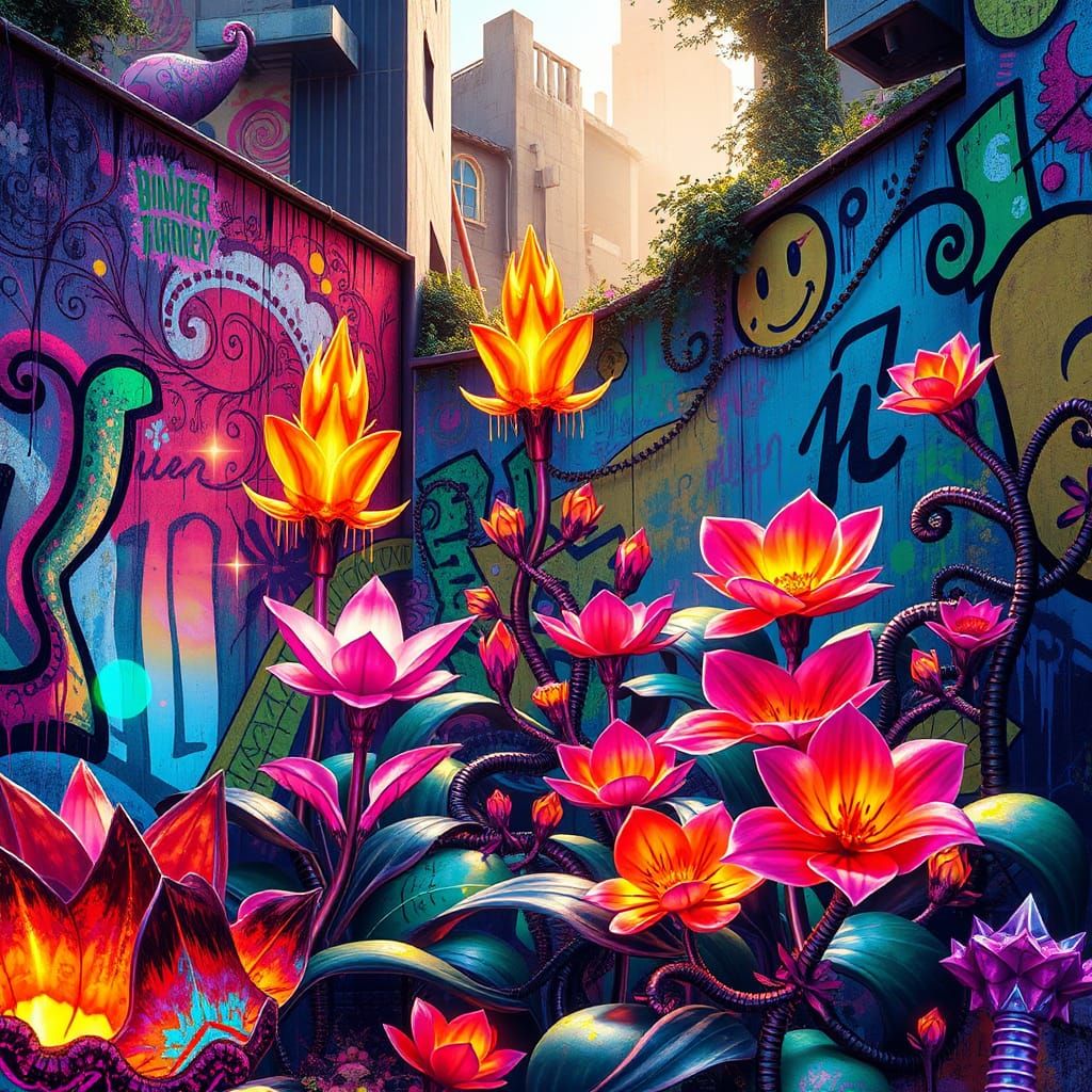 Futuristic Iridescent Garden with Graffiti Art