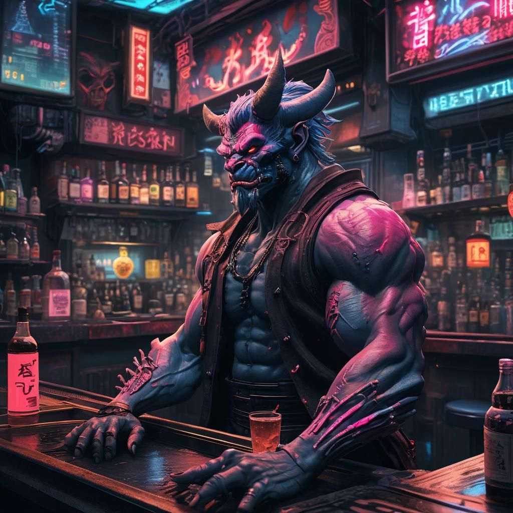 Cyberpunk Oni Bartender in Neon Tokyo Nightscape