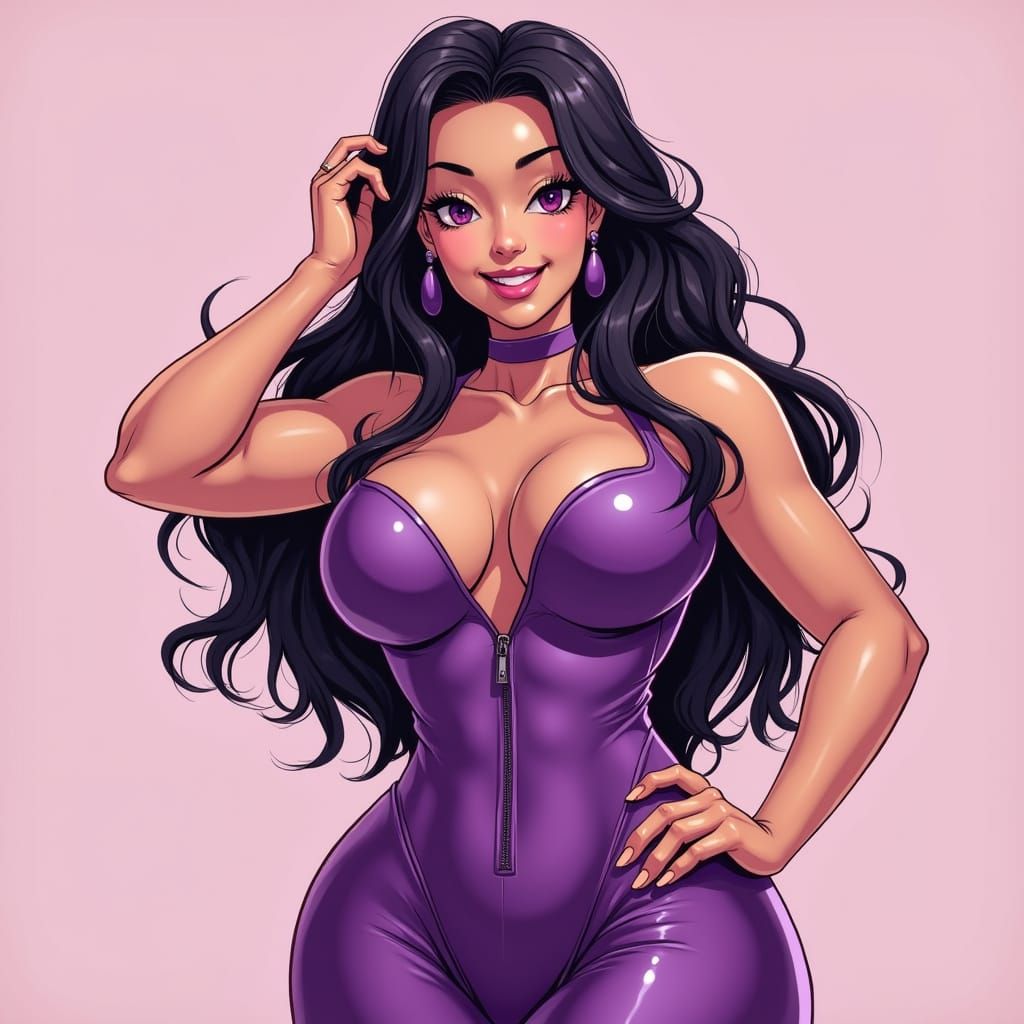 Sensual Asian Woman in Vibrant Purple Latex Bodysuit