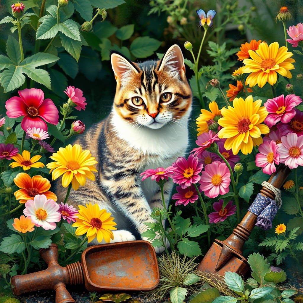 Charming Cat in Garden Inspired by Impressionism