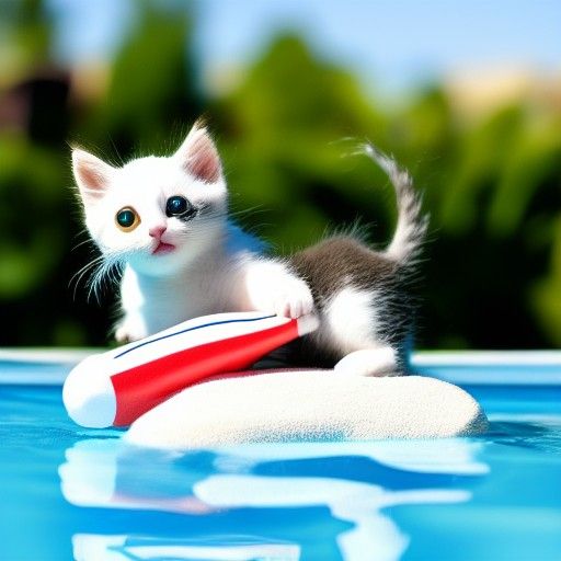 Kitten Rides Toy Shark in Swimming Pool