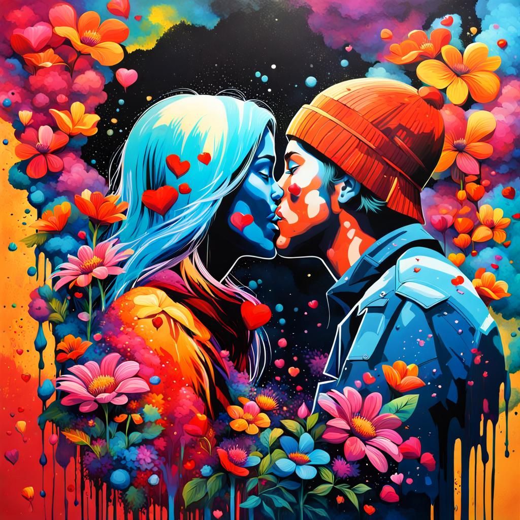 Passionate Kiss at Sunset in Graffiti Art Style