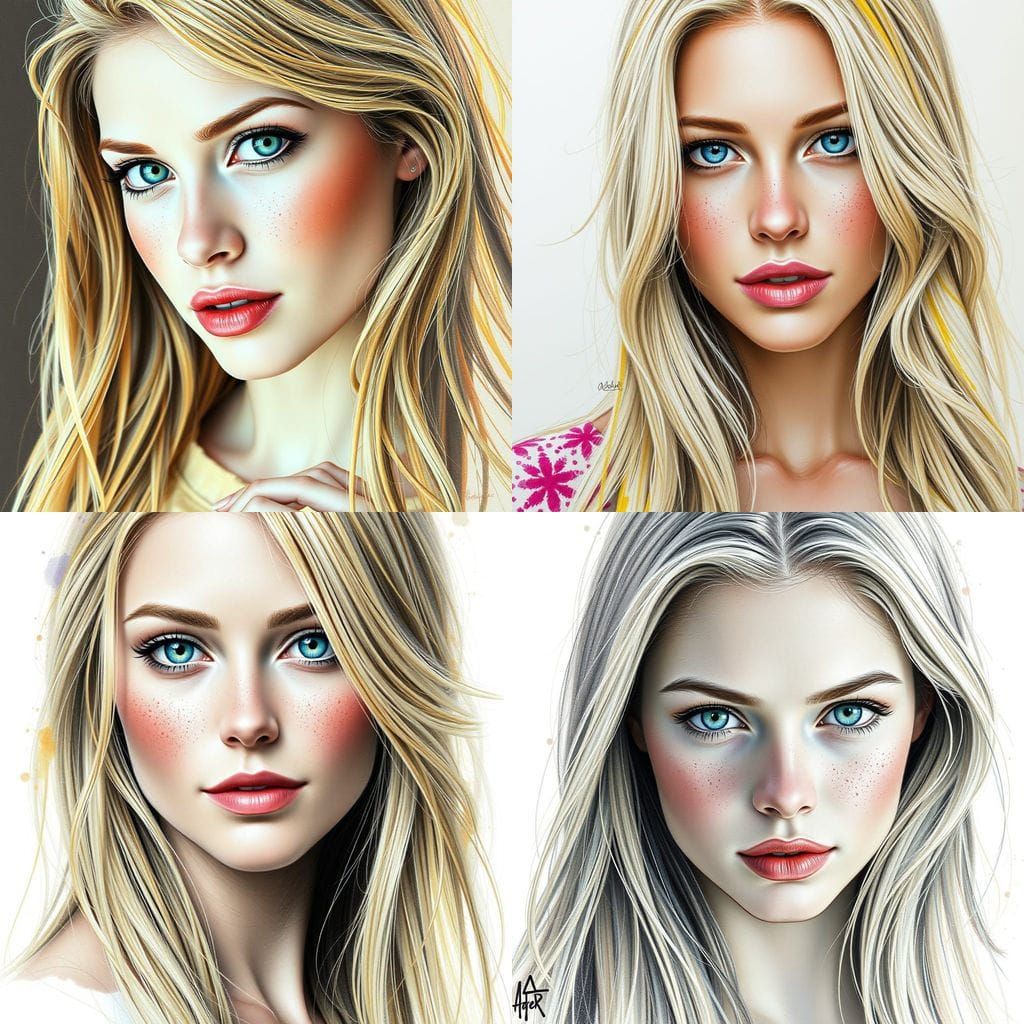 Beautiful Woman Portrait: Pencil Sketch with Freckles & Blue...