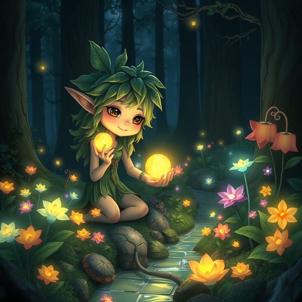 Whimsical Forest Spirit Tends Enchanted Garden
