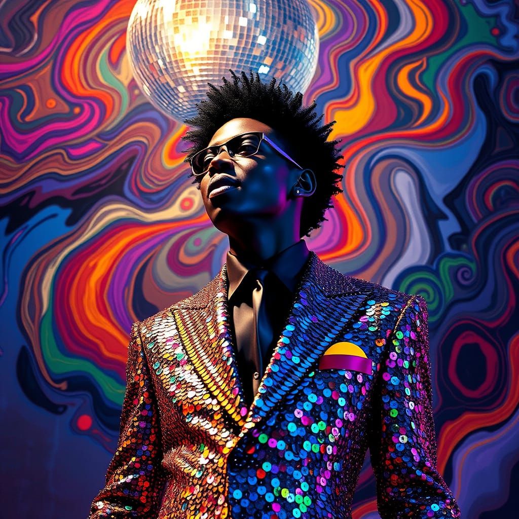 Vibrant Funk Singer in Androgynous Disco Attire