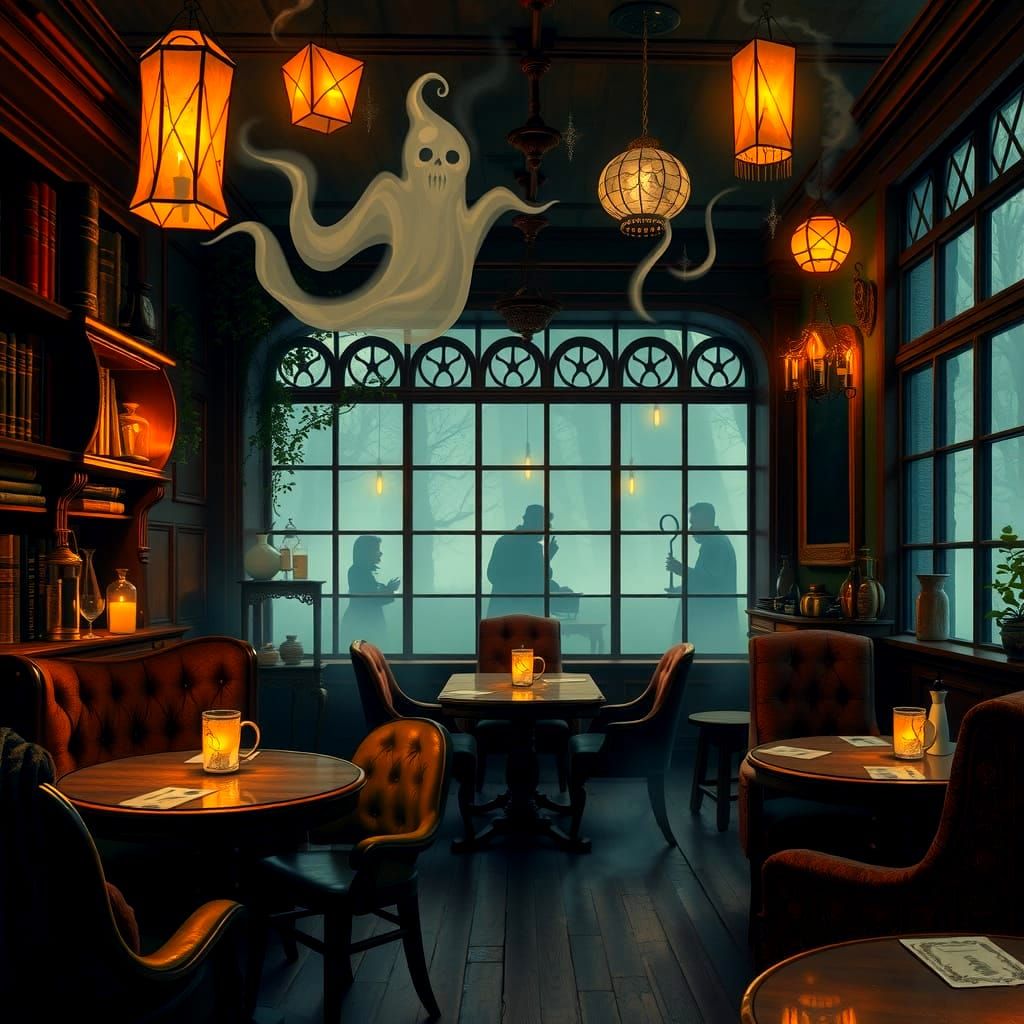 Ethereal Cafe With Glowing Mugs and Floating Lanterns